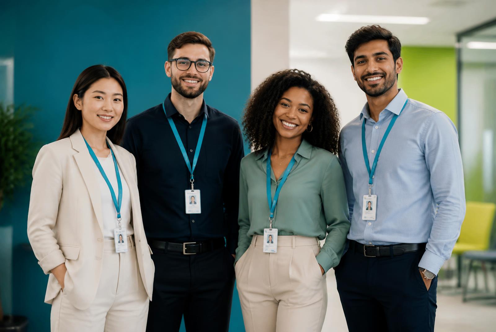 Grupo de profesionales en una oficina moderna portando sus carnets corporativos
